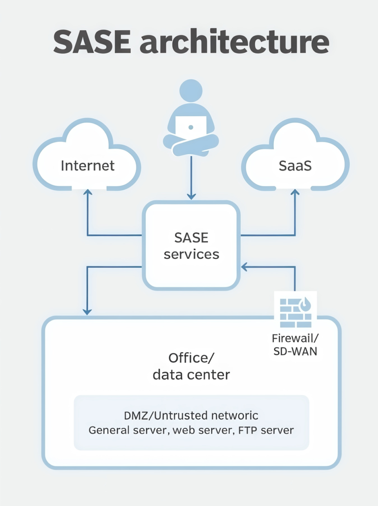 Diagrama de SASE unificando capacidades de red SD-WAN y servicios de seguridad perimetral